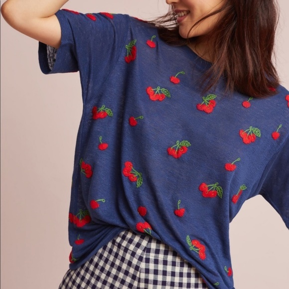 Anthropologie Tops Banner Day Blue Cherry Embroidered Tee Shirt